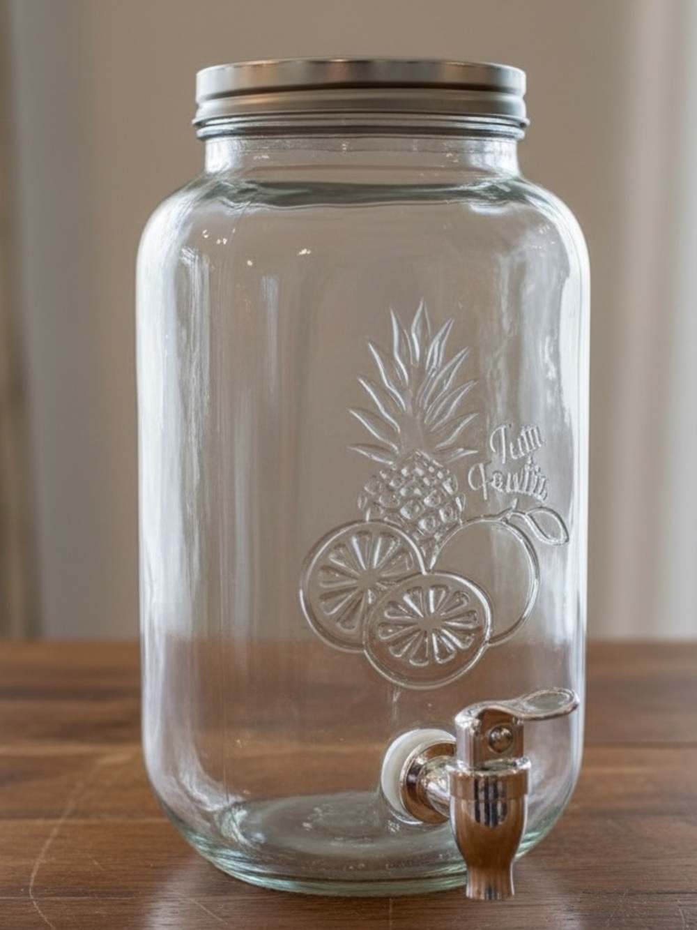 Vintage "Tutti Frutti" Glass Mason Jar Drink Dispenser With Oranges & Pineapple